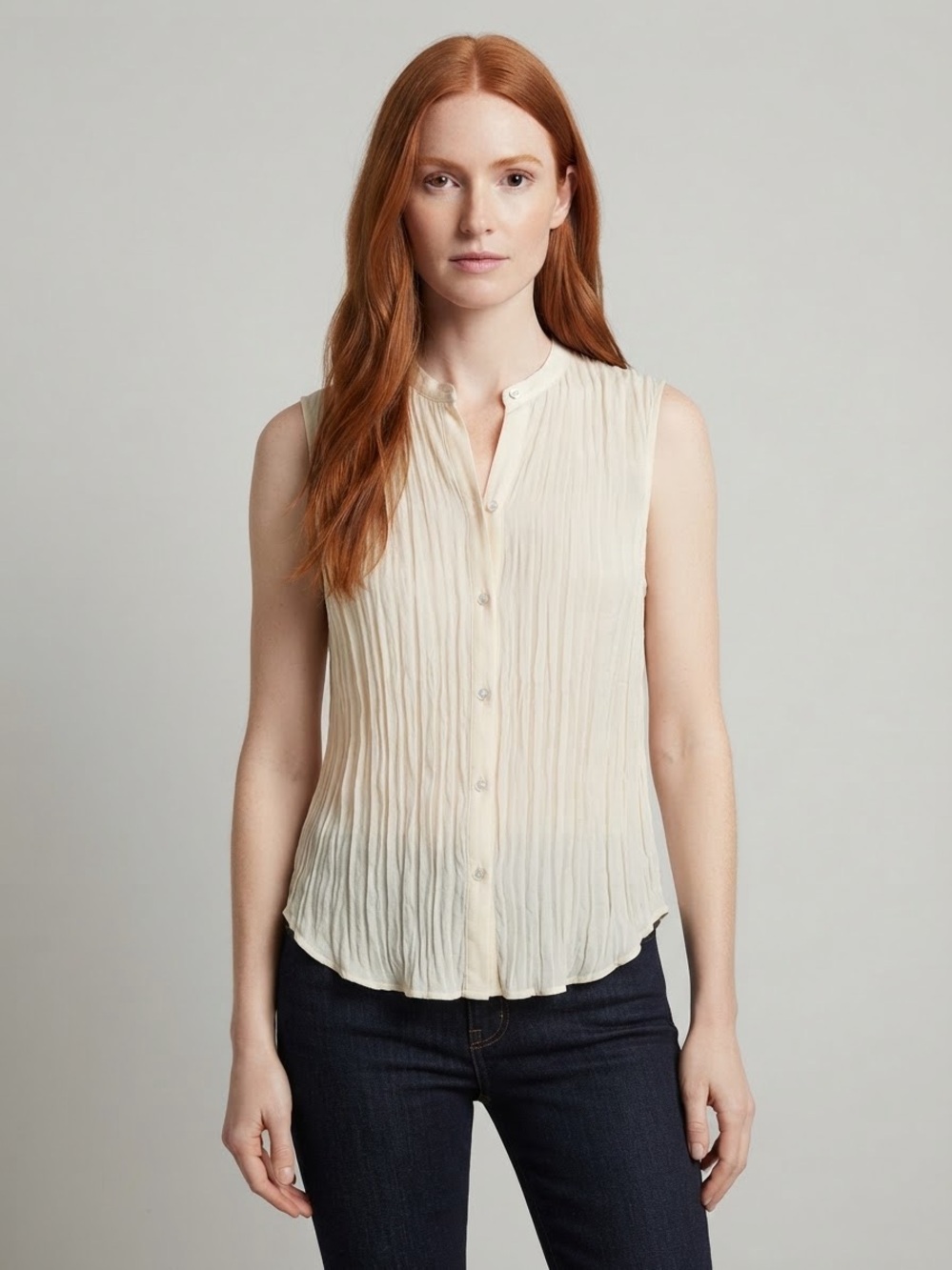 Vince Cream Crushed Pleated Sleeveless Button Front Blouse